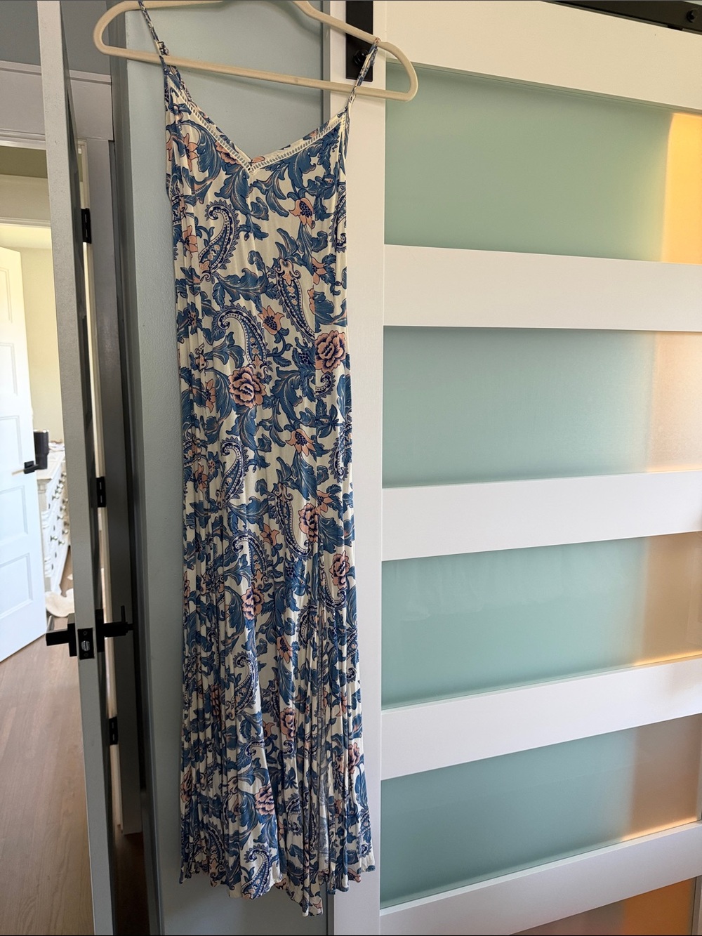 Spell Blue and White Floral Maxi Dress with Pink Accents